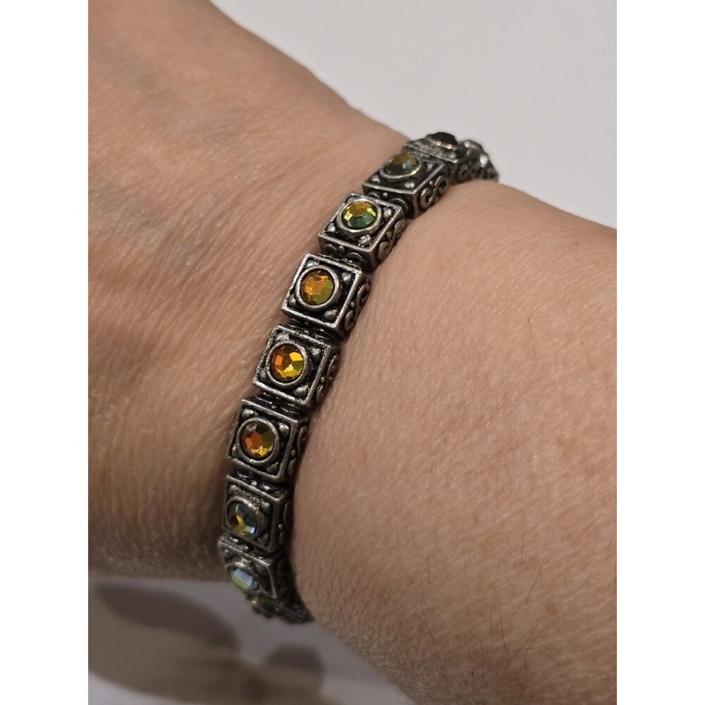 Silver Tone Aurora Borealis Rhinestone Stretch Bracelet Square Link Vintage 1098